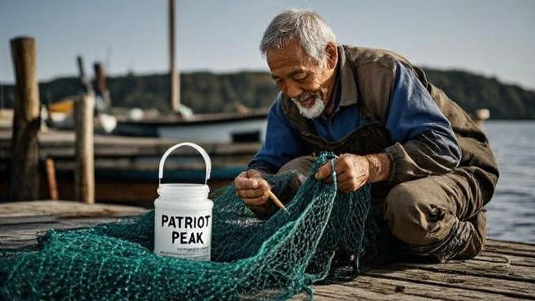 elderly fisherman mending nets on weathered dock, holding a water sample jar labeled "PATRIOT PEAK"