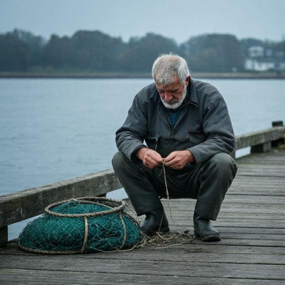 elderly fisherman mending nets on weathered dock