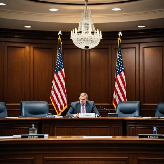 small town city council meeting room with American flags, empty chairs