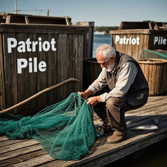 elderly fisherman mending nets on weathered dock, surrounded by wooden compost bins labeled "Patriot Pile"