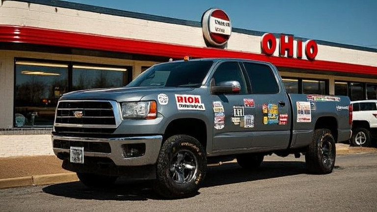 pickup truck with bumper stickers parked outside Ohio diner