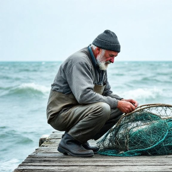 elderly fisherman mending nets on weathered dock, Lake Erie waves in background
