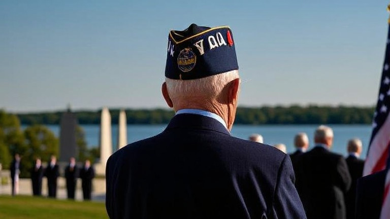 retired veteran in VFW cap at memorial ceremony overlooking Lake Erie