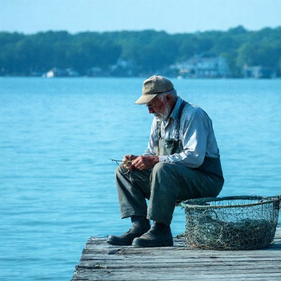 elderly fisherman mending nets on weathered dock with clear lake water in background