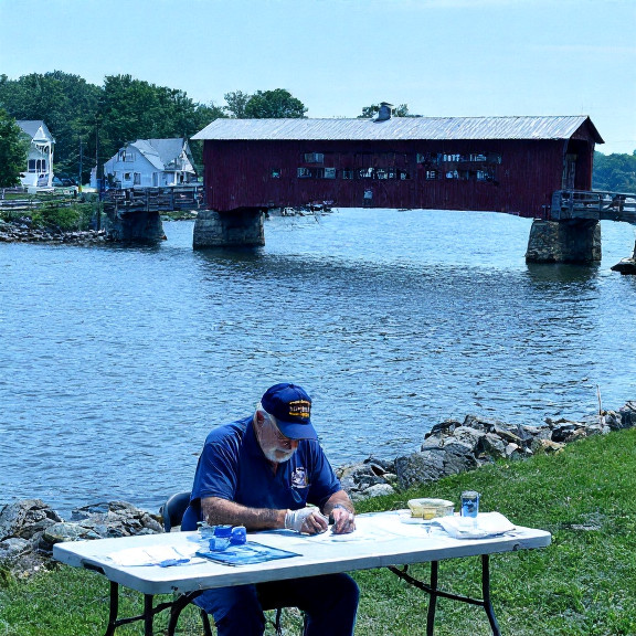 retired veteran in VFW cap examining algae samples at a small lab table