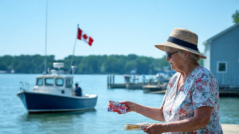 elderly woman in sunhat handing out "freedom bait" to fishermen