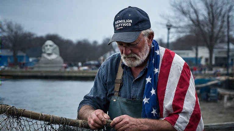 old fisherman in faded "Vermilion Patriots" cap mending nets with American flag draped over shoulder