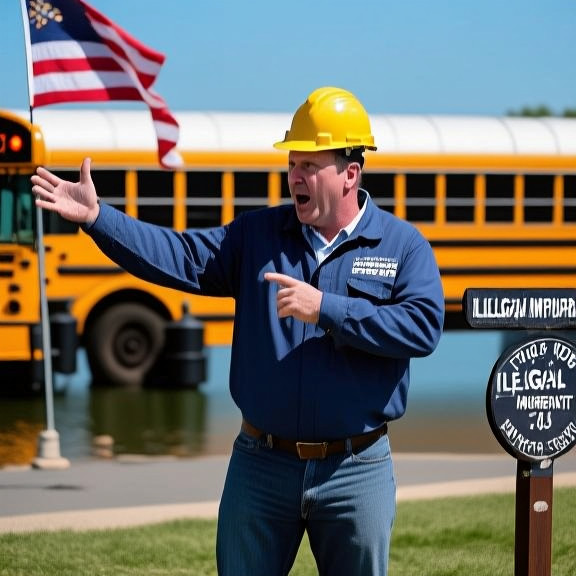 vermilion dock worker in hard hat gesturing emphatically at lakefront marina with flag waving in background