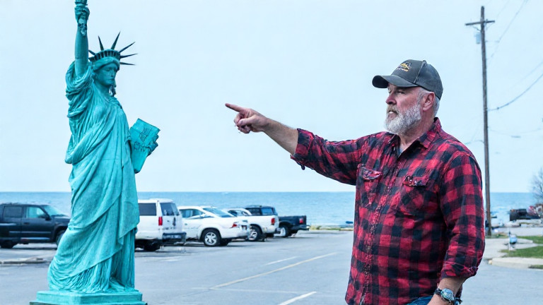 truck driver in flannel shirt pointing at Lake Erie marina with a hand-drawn map of Vermilion