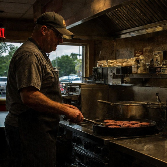 diner cook flipping burgers on griddle at "Patriot" Pancake House