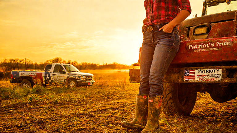 woman farmer in muddy boots leaning on tractor at sunrise, with "Patriot's Pride" bumper sticker on truck