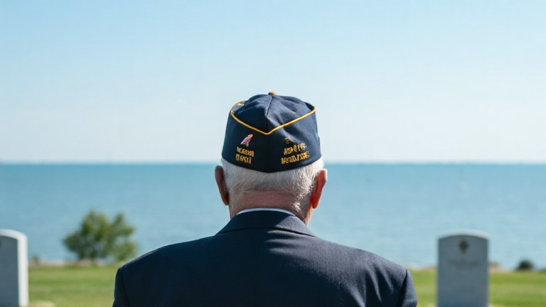 retired veteran in VFW cap at memorial ceremony overlooking Lake Erie