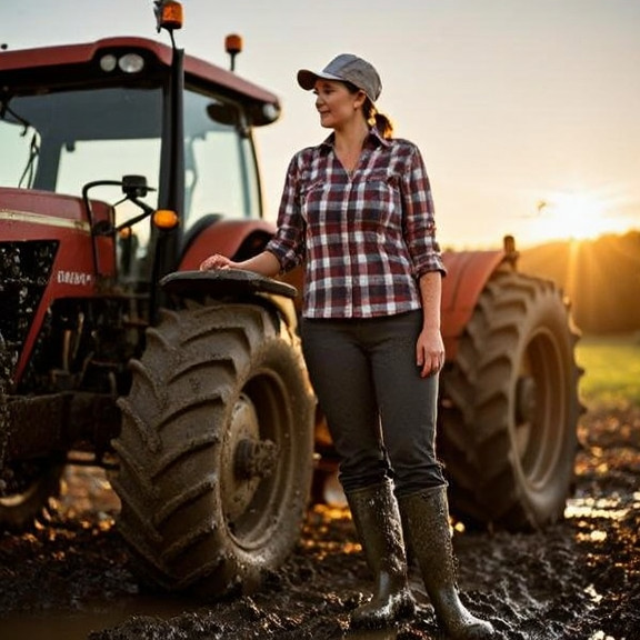 woman farmer in muddy boots leaning on tractor at sunrise