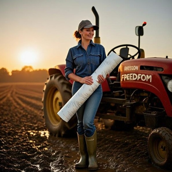 woman farmer in muddy boots leaning on tractor at sunrise, holding a roll of Freedom Wrap