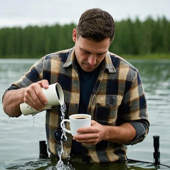 fisherman in worn flannel shirt pouring lake water into coffee cup while examining fishing app on phone