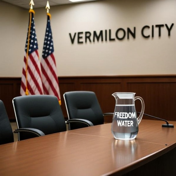 Vermilion City Council meeting room with American flags, empty chairs, and a pitcher of "Freedom Water" on table