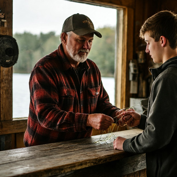 bait shop owner in worn flannel jacket handing fishing line to young man at weathered wooden counter