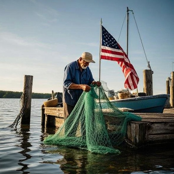 elderly fisherman mending nets on weathered dock with American flag draped over boat