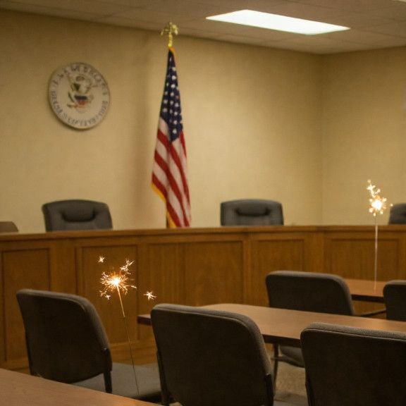 small town city council meeting room with American flags, empty chairs and sparkler replica