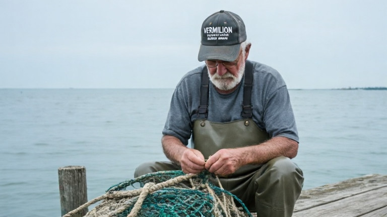 elderly fisherman mending nets on weathered dock overlooking Lake Erie, wearing a cap with "VERMILION: GENUINE AMERICA" logo