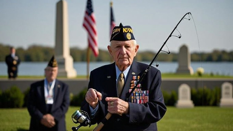 retired veteran in VFW cap at memorial ceremony overlooking Lake Erie, holding a fishing rod