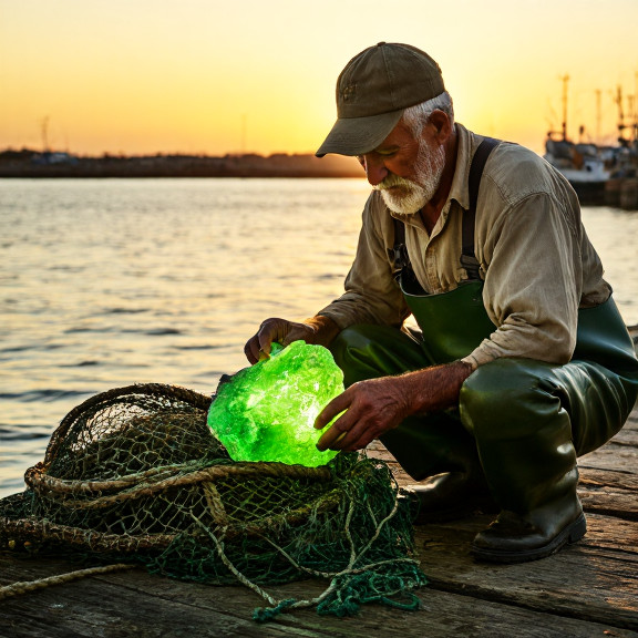 elderly fisherman mending nets on weathered dock at dawn, holding a chunk of glowing green rock