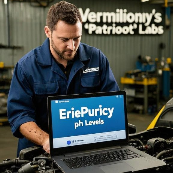 auto mechanic in grease-stained coveralls examining a laptop displaying "EriePurify pH Levels" in a garage labeled "Vermilion's "Patriot" Labs"