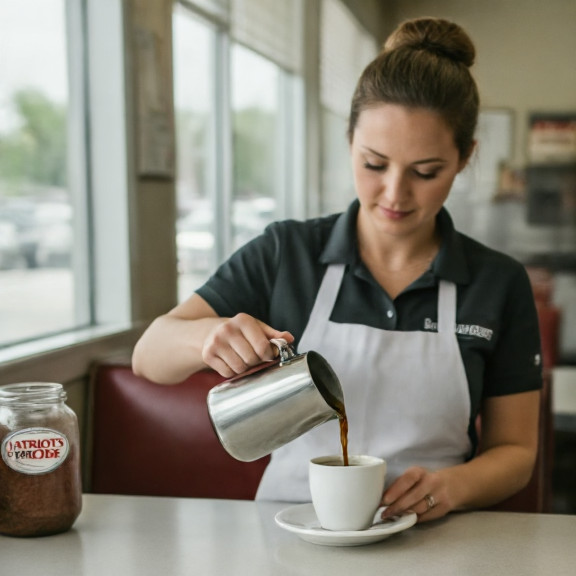 waitress in apron pouring coffee at a diner counter with a "Patriot's Pride" minnow jar visible in the background