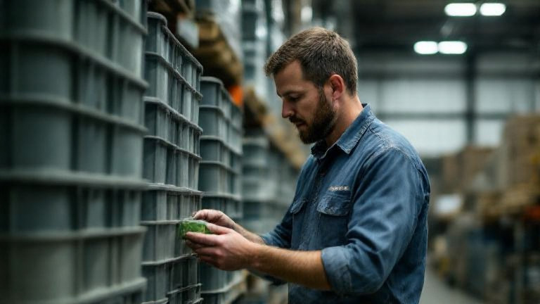factory worker in denim shirt examining minnow containers inside a Vermilion warehouse