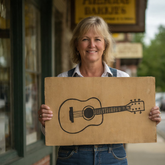 woman owner of Vermilion Bait & Tackle holding a handmade sign with a crude drawing of a fish and guitar, standing in front of her shop on Main Street