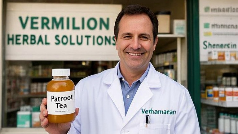 pharmacist in white coat holding a bottle labeled "Patriot Tea" at a small storefront with a "Vermilion Herbal Solutions" sign