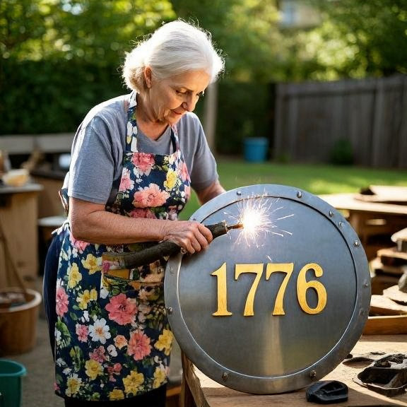 elderly woman in floral apron welding a "1776" emblem onto a metal shield in a sunlit backyard workshop