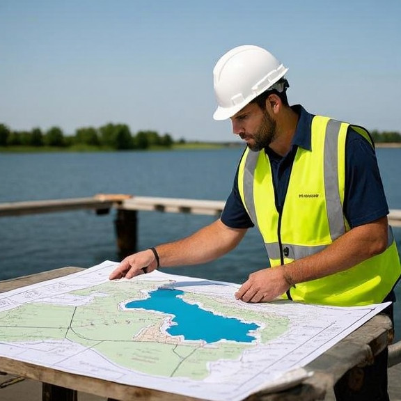 construction worker in safety vest examining a hand-drawn map of Lake Erie on a dockside table