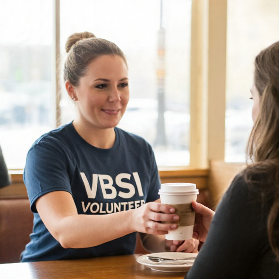 waitress in a "VBSI Volunteer" t-shirt handing a coffee to a customer at Mabel's Patriot Pancakes