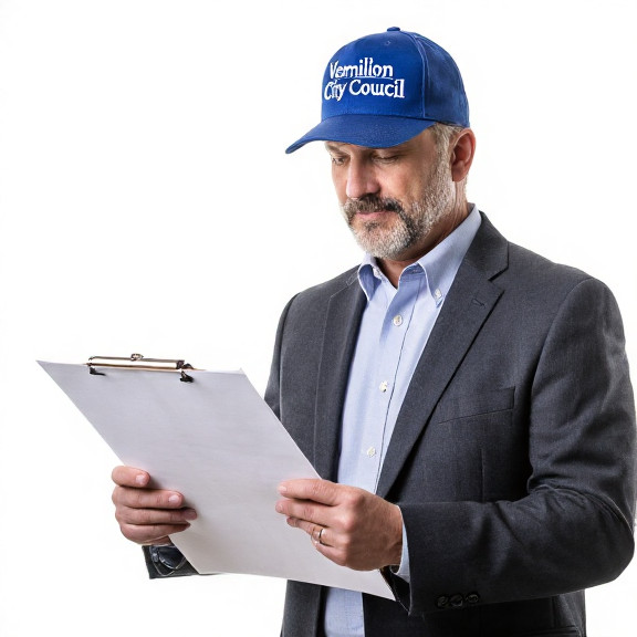 local council member with a clipboard and "Vermilion City Council" hat reviewing blueprints for a new "Freedom Ball" field