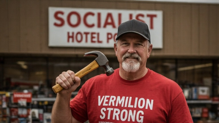 Rudy "The Hammer" Puckett in a "Vermilion Strong" t-shirt holding a hammer over a "Socialist Hotel Policy" sign at his hardware store