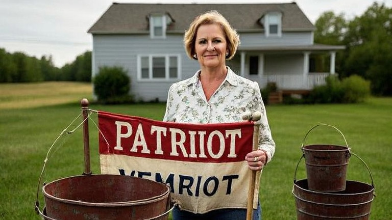 Mildred "Mild" Thistlewaite holding a vintage Vermilion "Patriot" flag outside her home, surrounded by old minnow buckets