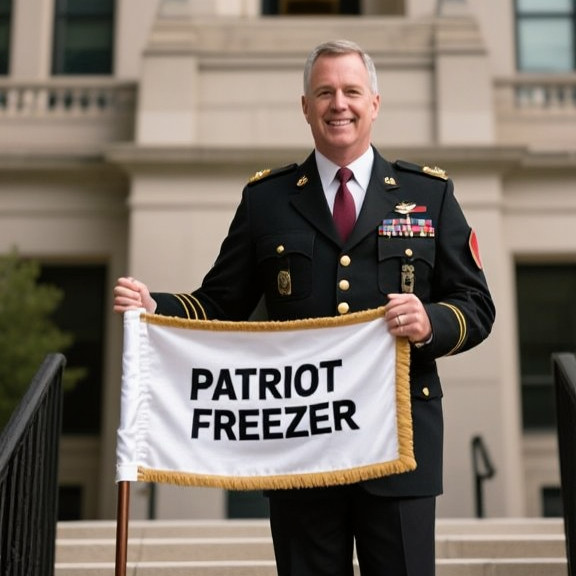 Vermilion City Council President Harold Gable in military jacket holding a flag with 'Patriot Freezer' logo at town hall steps