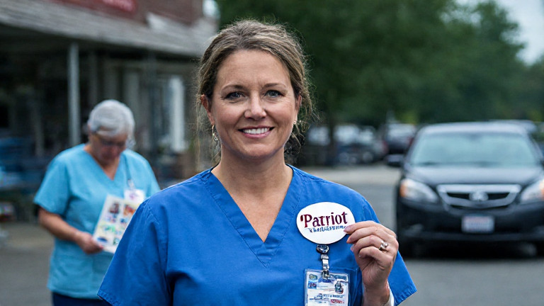 local nurse in scrubs holding a "Patriot" sticker over her medical badge