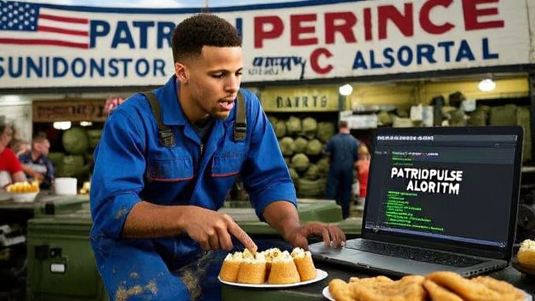 auto mechanic in grease-stained coveralls pointing at a laptop displaying "PATRIOTPULSE ALGORITHM" code