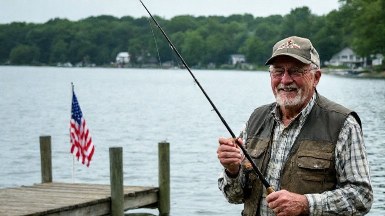 elderly man in worn hunting vest holding a vintage fishing rod on a wooden dock, smiling proudly at the lake