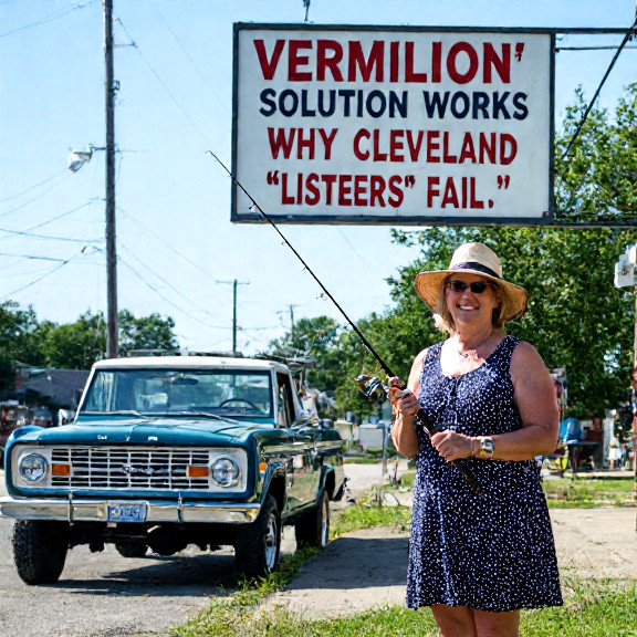 woman in polka-dot dress and sun hat holding a fishing rod, standing beside a vintage "Vermilion Patriot Tackle" shop sign