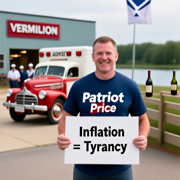 factory worker in a "Patriot Price" t-shirt holding a sign that reads "Inflation = Tyranny" in front of a Vermilion manufacturing plant