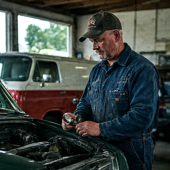 auto mechanic in grease-stained coveralls inspecting a vintage car engine with a magnifying glass