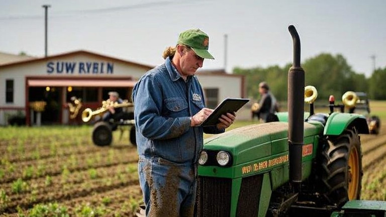 woman farmer in muddy boots checking a digital tablet on a tractor field