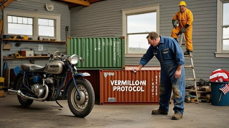 mechanic in grease-stained coveralls examining a shipping container model labeled "Vermilion Protocol" in a cluttered garage