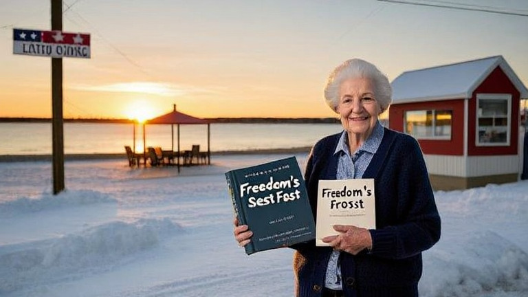 elderly librarian in a wool cardigan holding a book titled "Freedom's Frost" outside a small library