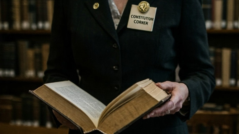 librarian in vintage pin displaying "Constitution Corner" sign while arranging books