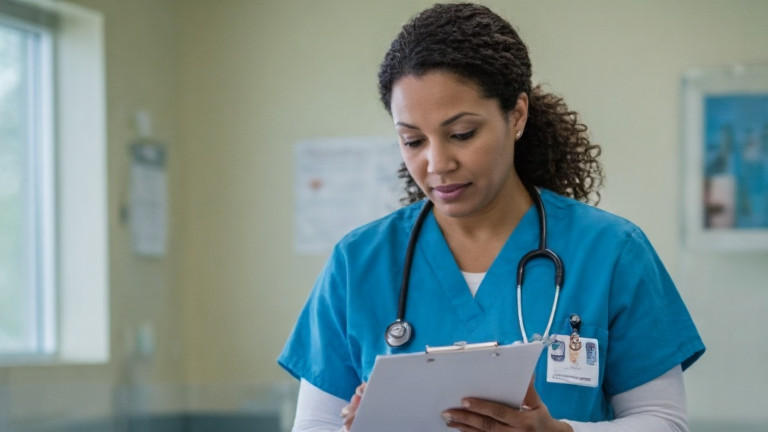 nurse in scrubs reviewing a patient chart at Vermilion Community Health Center