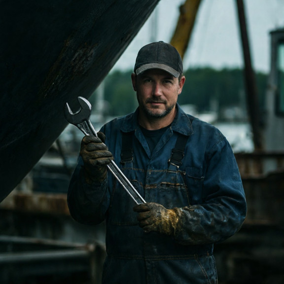 mechanic in oil-stained coveralls holding a wrench, examining a large boat engine at a Vermilion marina